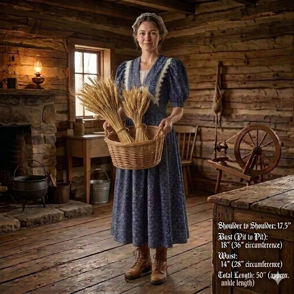 Vintage Blue Floral Calico Cottagecore Prairie Dress Lace Bib Collar sz M 11 USA - Picture 6 of 12